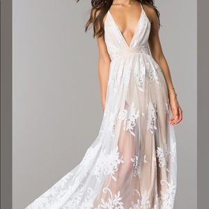 White deep V Lace Dress with slits